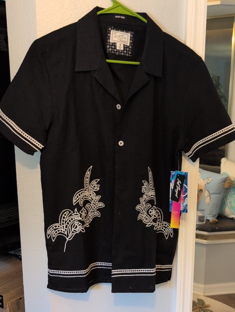 Black Short-Sleeve Button-Down Shirt with White Embroidery Brand New